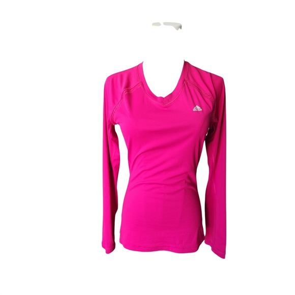 adidas Tops - Adidas Long Sleeve‎ V Neck Athletic Top Pink Striped Back Womens S